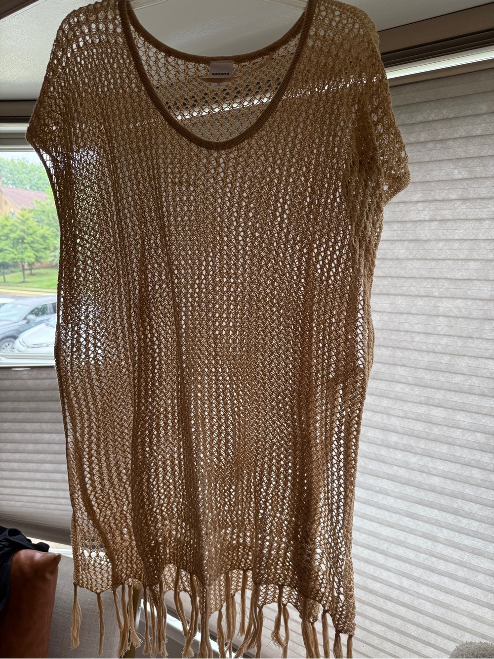 Sonoma Tan Crochet Fringe Poncho Beach Coverup Boho Western Festival